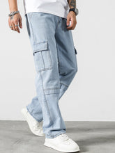 Charger l&#39;image dans la galerie, Love God. Store Men Jeans Men Letter Patched Detail Flap Pocket Side Cargo Jeans price
