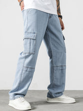 Charger l&#39;image dans la galerie, Love God. Store Men Jeans Men Letter Patched Detail Flap Pocket Side Cargo Jeans price
