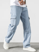 Charger l&#39;image dans la galerie, Love God. Store Men Jeans Men Letter Patched Detail Flap Pocket Side Cargo Jeans price
