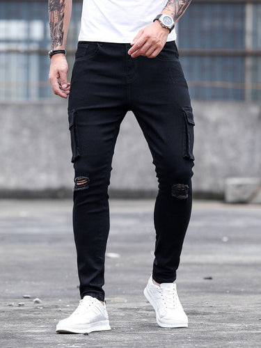 Love God. Store Men Jeans Men Ripped Flap Pocket Side Cargo Jeans price