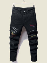 Load image into Gallery viewer, Love God. Store Men Jeans Men Slogan Embroidery Raw Cut Jeans price
