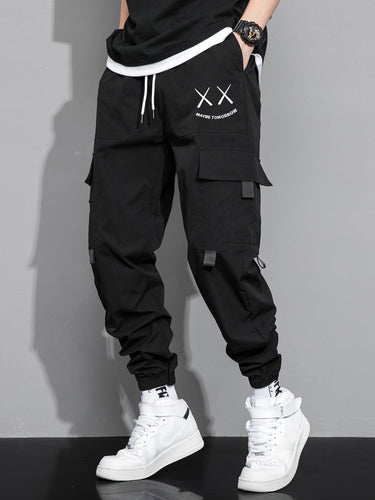 Love God. Store Men Pants Black / XS Men Letter Expression Print Flap Pocket Drawstring Waist Cargo Pants price