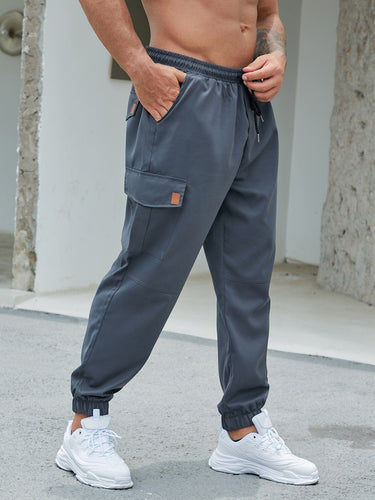 Love God. Store Men Pants Large Sizes Men Patched Detail Flap Pocket Drawstring Waist Cargo Pants price