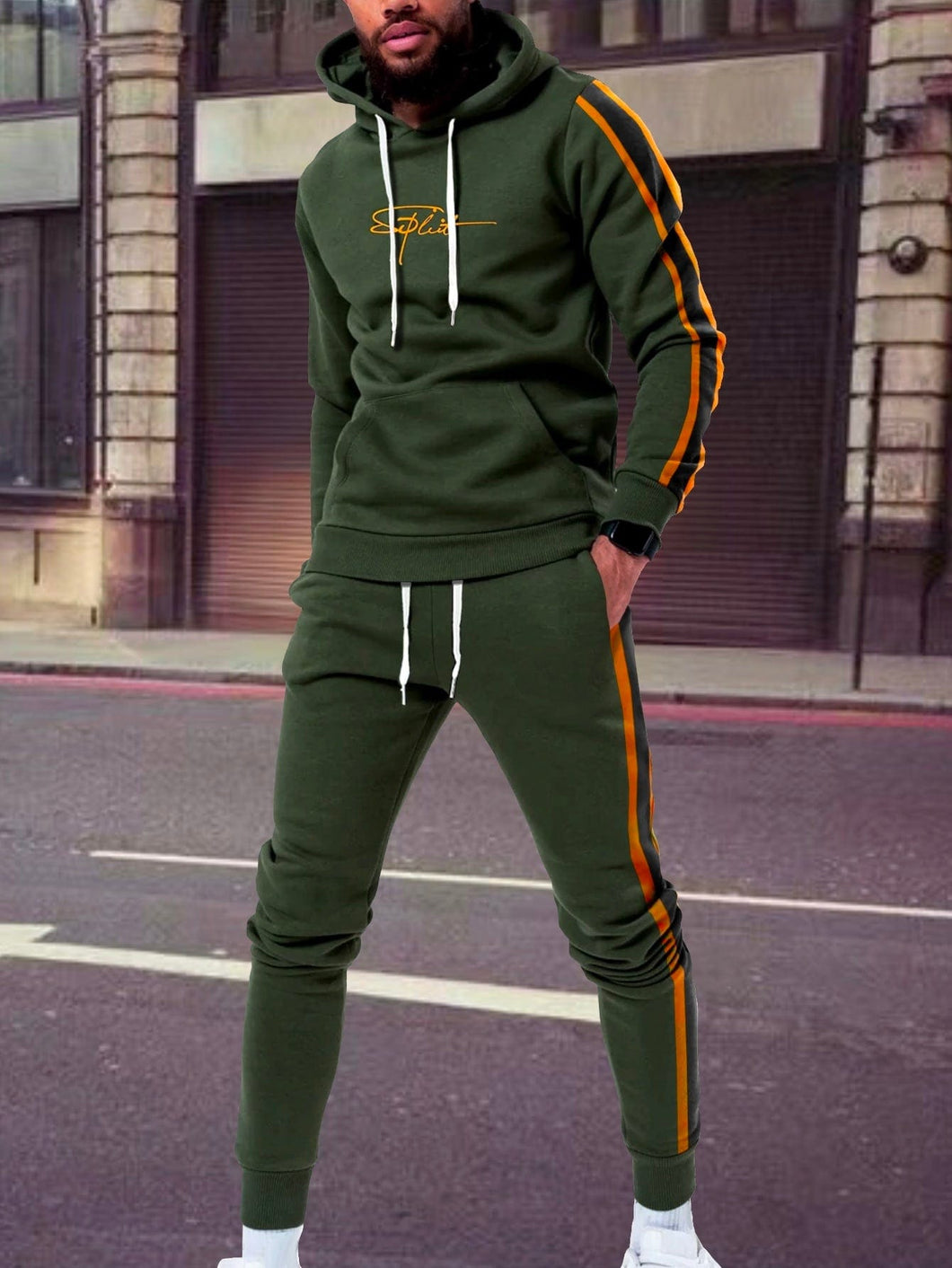 Love God. Store Men Two-piece Outfits Army Green / S Men Side Stripe Drawstring Hoodie Sweatpants price