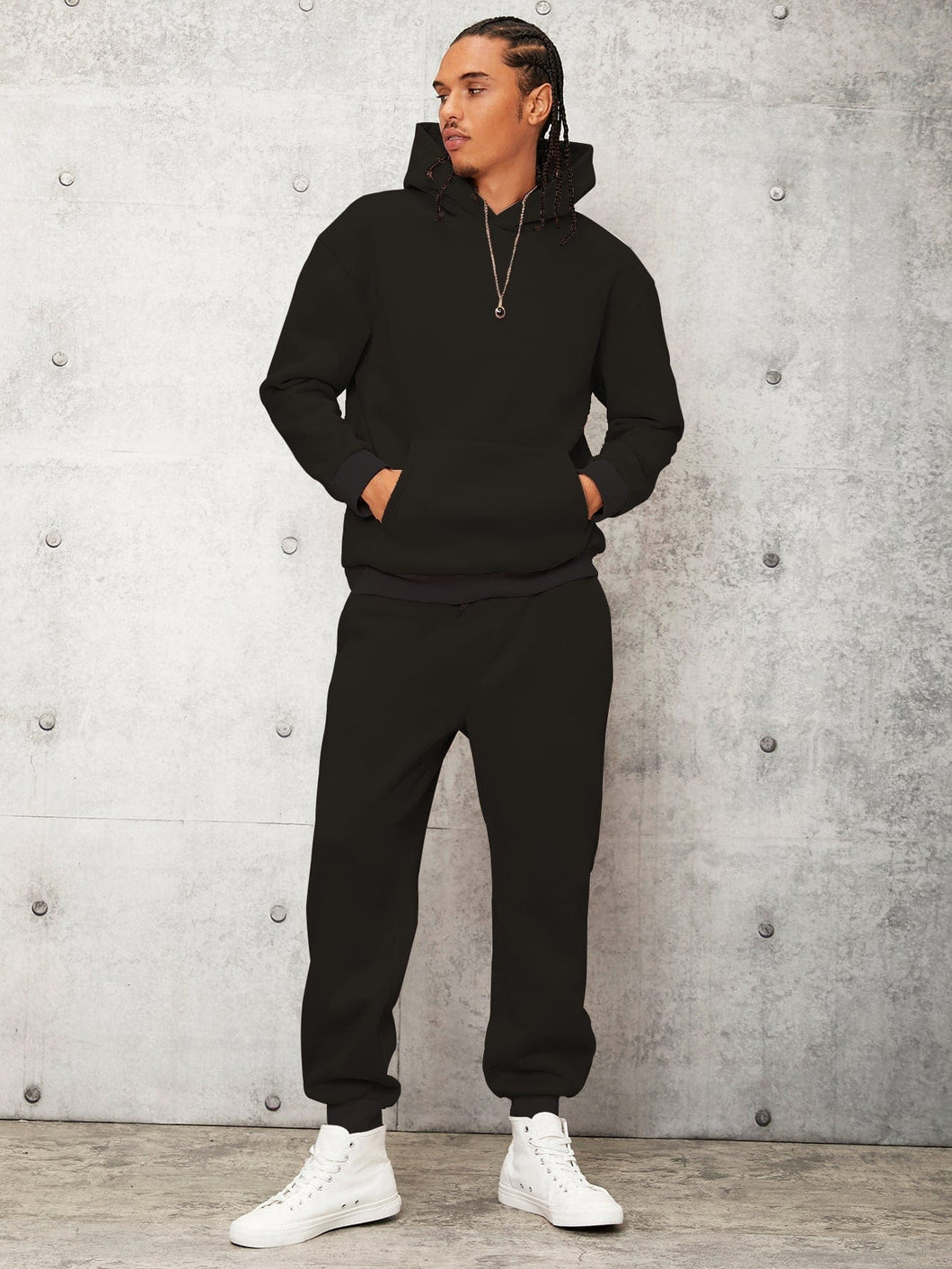 Love God. Store Men Two-piece Outfits Black / S Men Drop Shoulder Kangaroo Pocket Hoodie Sweatpants price