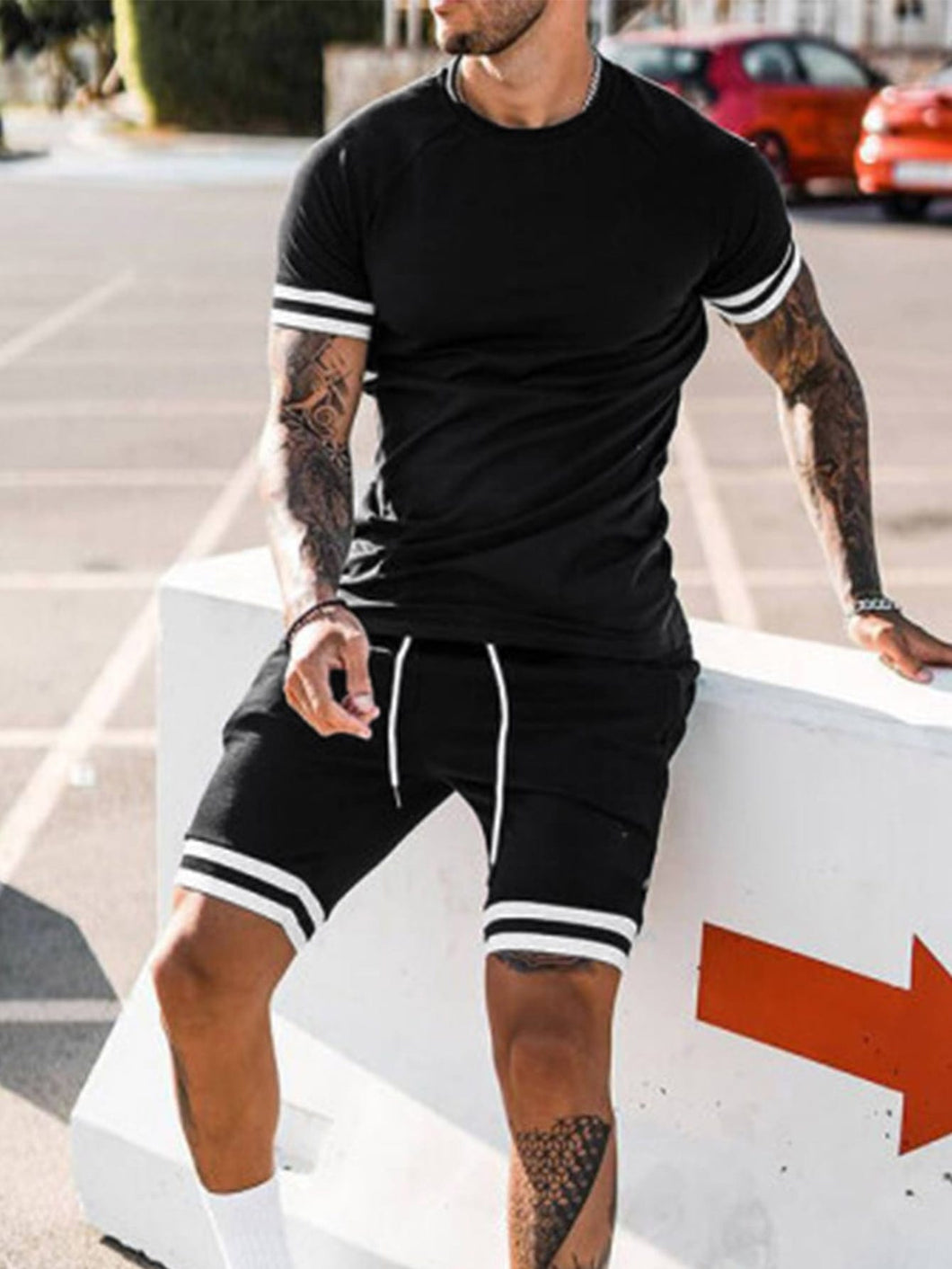 Love God. Store Men Two-piece Outfits Black / S Men Striped Trim Tee Drawstring Waist Shorts price