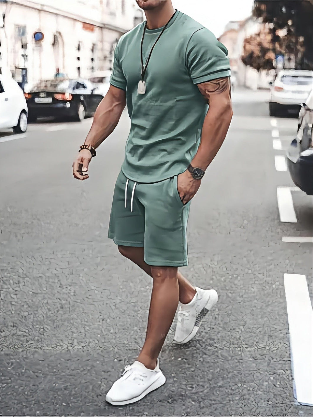 Love God. Store Men Two-piece Outfits Dark Green / S Men Solid Tee Drawstring Waist Shorts price