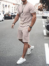 Charger l&#39;image dans la galerie, Love God. Store Men Two-piece Outfits Khaki / S Men Solid Tee Drawstring Waist Shorts price
