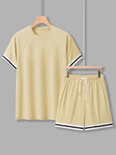 Charger l&#39;image dans la galerie, Love God. Store Men Two-piece Outfits Khaki / S Men Striped Trim Tee Drawstring Waist Shorts price
