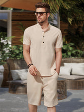 Charger l&#39;image dans la galerie, Love God. Store Men Two-piece Outfits Men Half Button Shirt Drawstring Waist Shorts price
