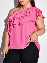 Charger l&#39;image dans la galerie, Love God. Store Plus Size Blouses 0XL Plus One Shoulder Layered Ruffle Trim Blouse price
