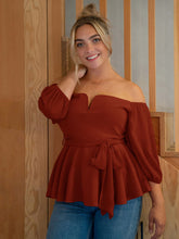 Charger l&#39;image dans la galerie, Love God. Store Plus Size Blouses Rust Brown / 0XL Plus Notched Off Shoulder Belted Peplum Top price
