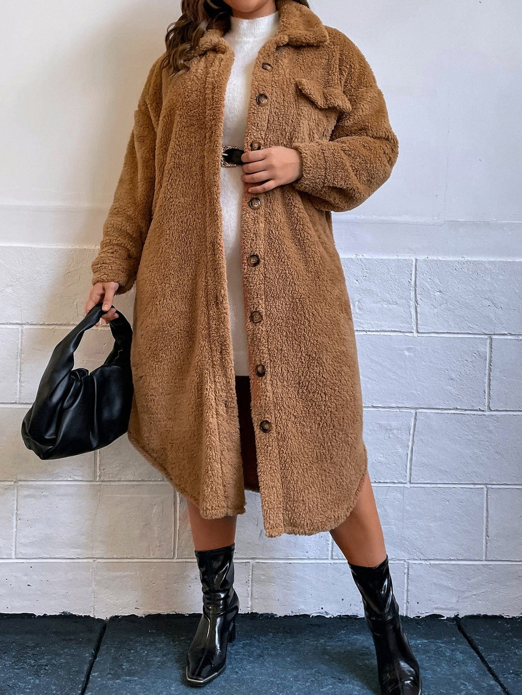 Love God. Store Plus Size Coats Camel / 1XL Plus Drop Shoulder Flap Detail Flannel Coat price