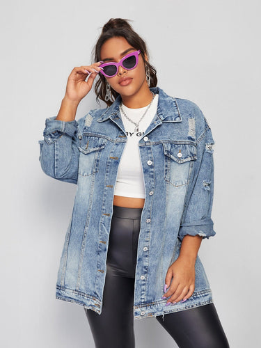 Love God. Store Plus Size Denim Jackets Plus Flap Pocket Ripped Washed Denim Jacket price