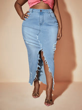 Charger l&#39;image dans la galerie, Love God. Store Plus Size Denim Skirts SXY Plus High Waist Ripped Raw Hem Split Hem Denim Skirt price
