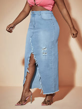 Charger l&#39;image dans la galerie, Love God. Store Plus Size Denim Skirts SXY Plus High Waist Ripped Raw Hem Split Hem Denim Skirt price
