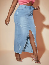 Charger l&#39;image dans la galerie, Love God. Store Plus Size Denim Skirts SXY Plus High Waist Ripped Raw Hem Split Hem Denim Skirt price
