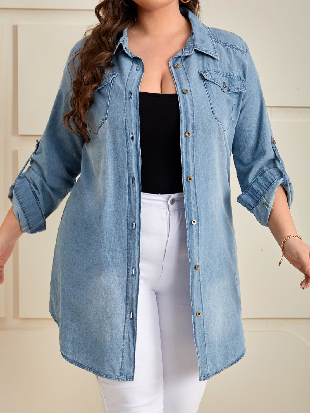 Love God. Store Plus Size Denim Tops Plus Pocket Front Button Front Denim Top price