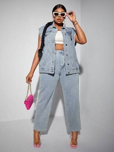 Love God. Store Plus Size Denim Two-piece Outfits SXY Plus Button Front Denim Jacket Jeans price