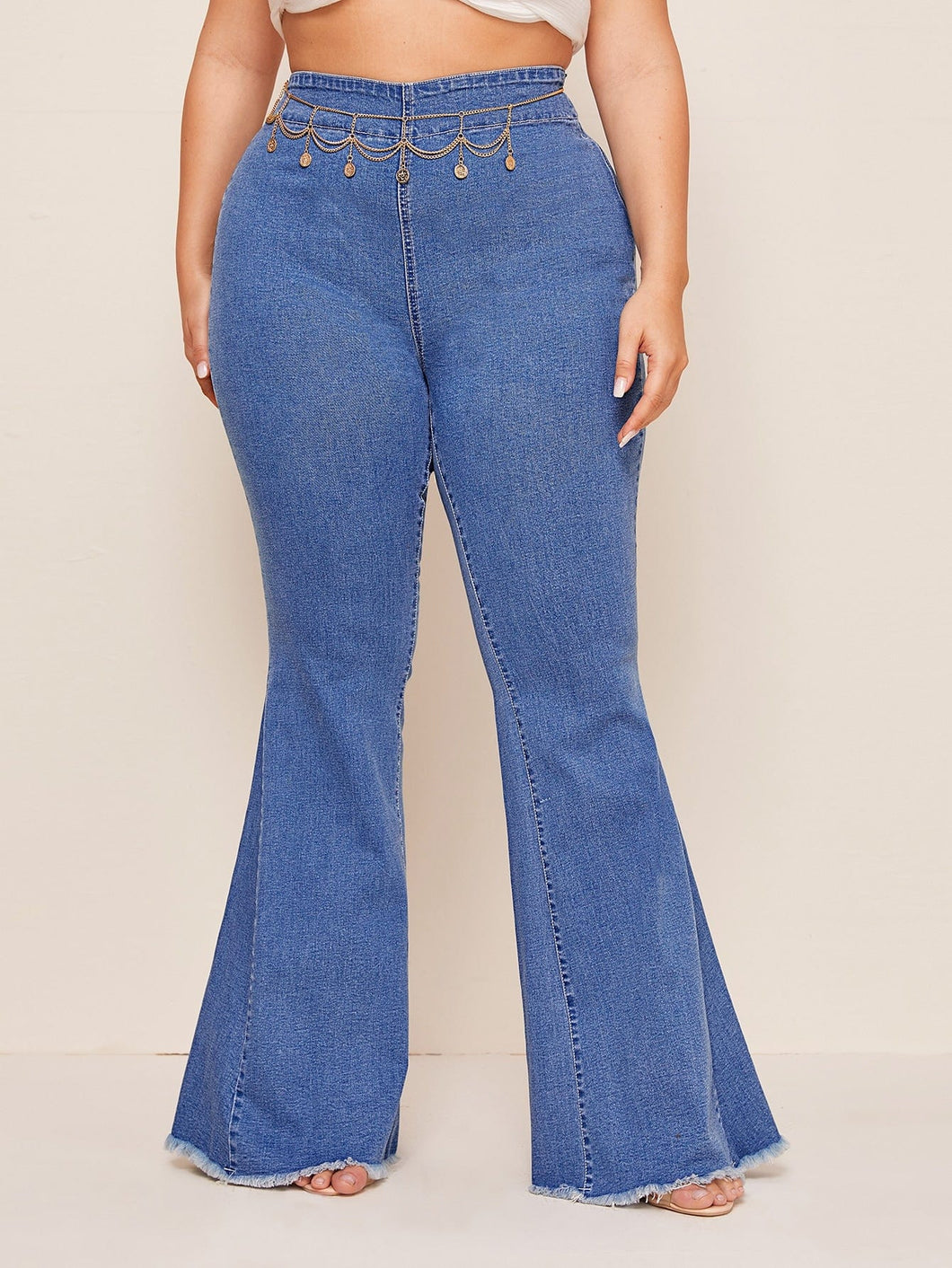 Love God. Store Plus Size Jeans Blue / 1XL Plus Raw Hem Flare Leg Jeans Without Chain price