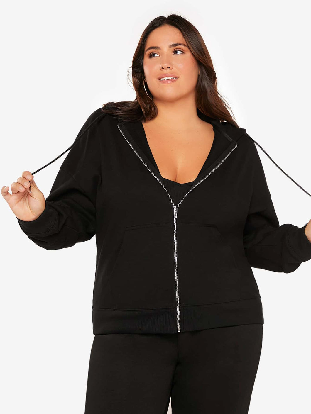 Love God. Store Plus Size Sweatshirts BASICS Plus Zip Up Drop Shoulder Drawstring Hoodie price