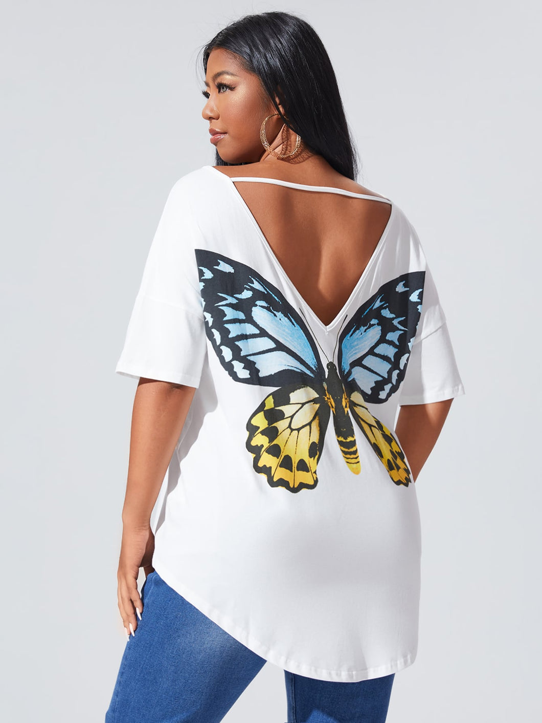 Love God. Store Plus Size T-shirts Plus Drop Shoulder Butterfly Print Cutout Back Tee price