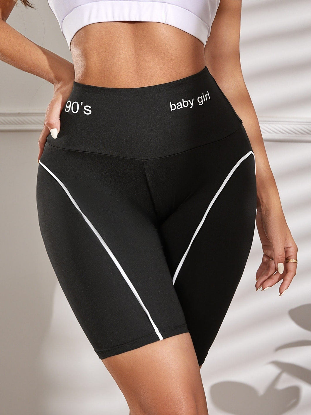 Love God. Store Women Active Bottoms Wideband Waist Letter Graphic Seam Detail Sports Biker Shorts price