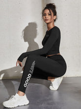 Cargar imagen en el visor de la galería, Love God. Store Women Active Sets Black / XS Thumb Holes Crop Tee Letter Graphic Leggings Sports Set price
