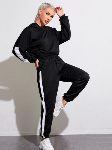 Love God. Store Women Active Sets Contrast Panel Sports Hoodie With Drawstring Sweatpants price