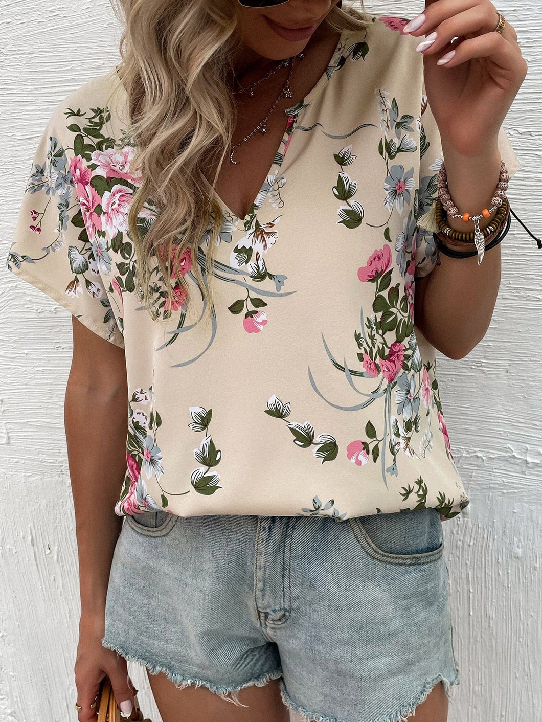 Love God. Store Women Blouses Apricot / XS Floral Print Notched Neck Dolman Sleeve Blouse price