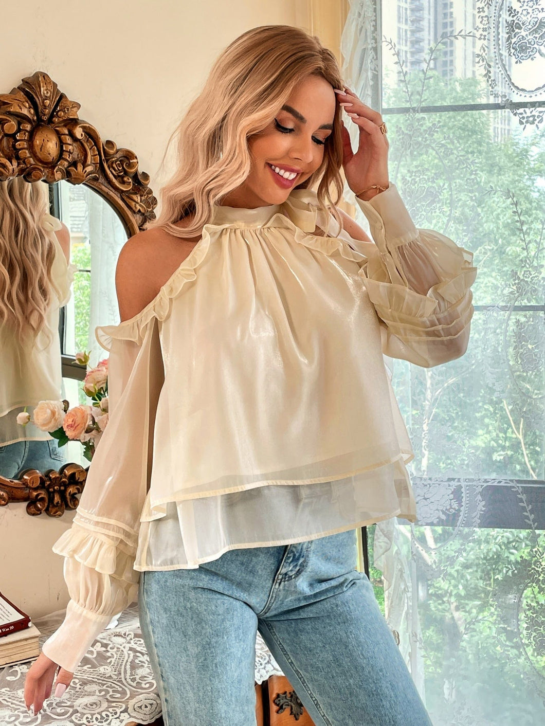 Love God. Store Women Blouses Cold Shoulder Tie Neck Bishop Sleeve Blouse price