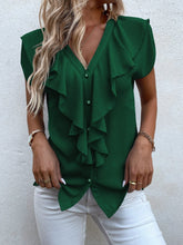 Charger l&#39;image dans la galerie, Love God. Store Women Blouses Dark Green / S Solid Ruffle Trim Blouse price
