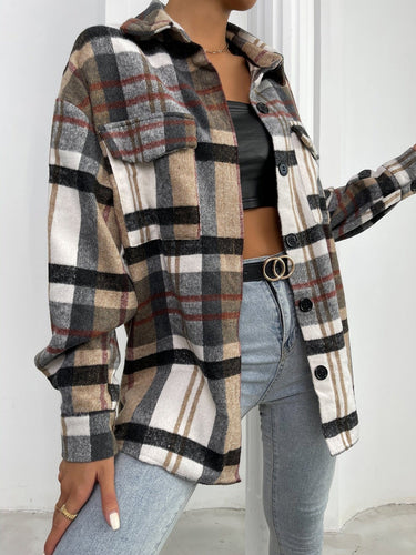 Love God. Store Women Blouses Flap Pocket Drop Shoulder Plaid Shirt price