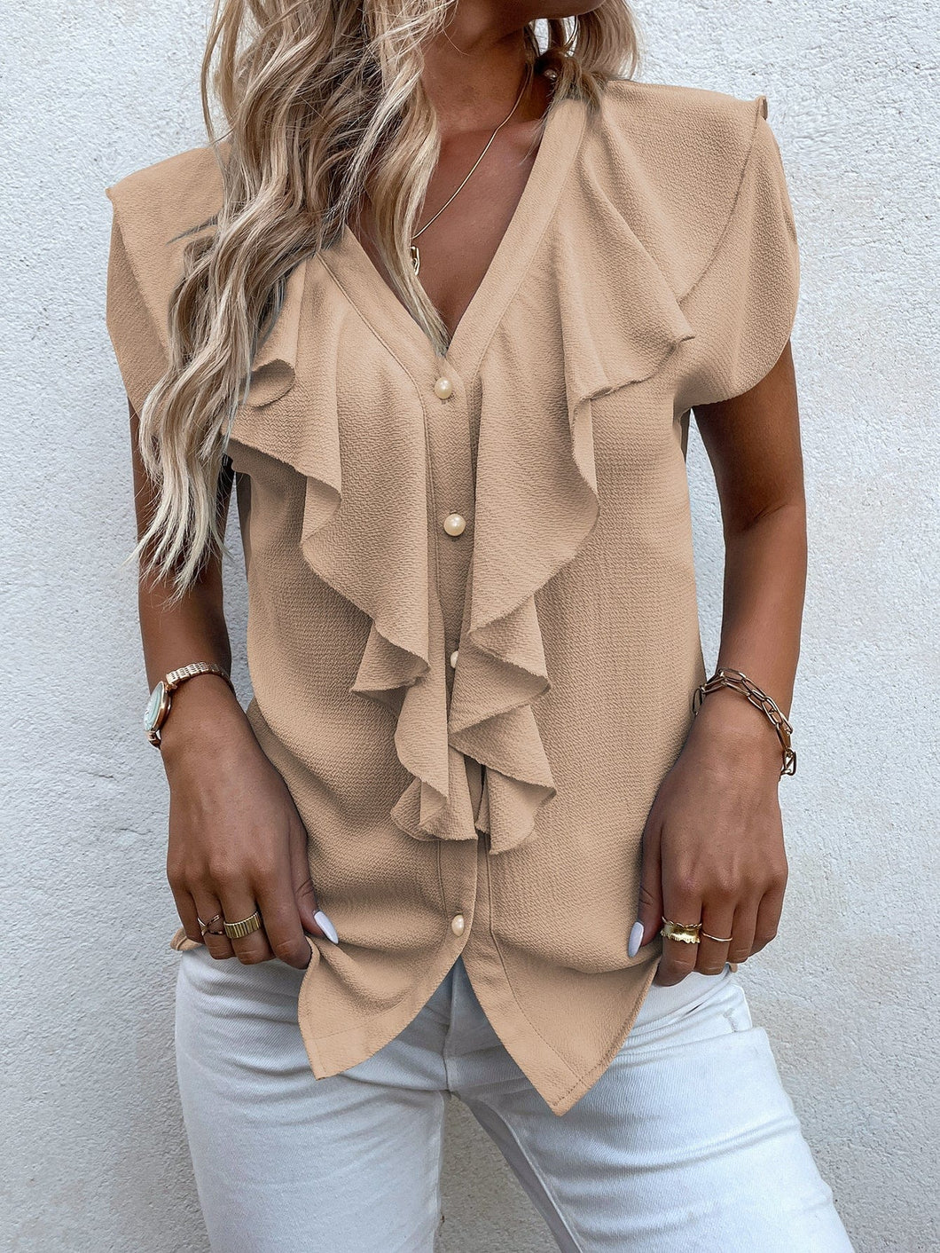 Love God. Store Women Blouses Khaki / S Solid Ruffle Trim Blouse price