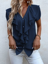 Charger l&#39;image dans la galerie, Love God. Store Women Blouses Navy Blue / S Solid Ruffle Trim Blouse price
