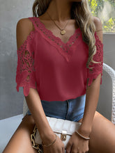 Charger l&#39;image dans la galerie, Love God. Store Women Blouses Rose Red / XS Cold Shoulder Guipure Lace Blouse price
