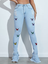 Charger l&#39;image dans la galerie, Love God. Store Women Jeans Butterfly Print Ripped Ruffle Raw Hem Jeans price
