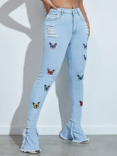 Charger l&#39;image dans la galerie, Love God. Store Women Jeans Butterfly Print Ripped Ruffle Raw Hem Jeans price
