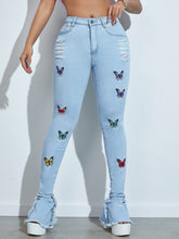 Charger l&#39;image dans la galerie, Love God. Store Women Jeans Butterfly Print Ripped Ruffle Raw Hem Jeans price
