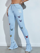 Charger l&#39;image dans la galerie, Love God. Store Women Jeans Butterfly Print Ripped Ruffle Raw Hem Jeans price
