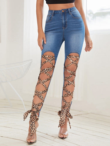 Love God. Store Women Jeans High Waisted Leopard Lace Up Front Skinny Jeans price