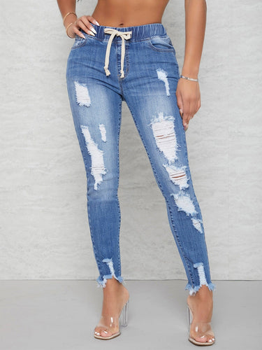 Love God. Store Women Jeans SXY Curvy Drawstring Waist Ripped Raw Hem Skinny Jeans price