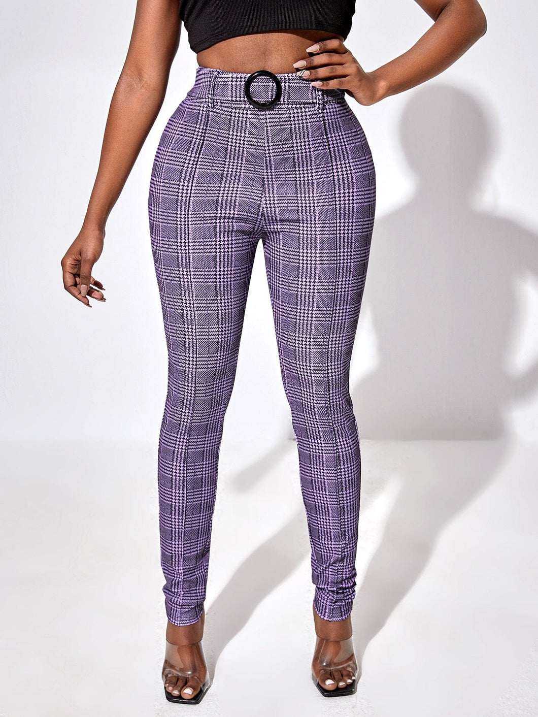 Love God. Store Women Pants Purple / XS SXY High Waist Glen Plaid Belted Pants price