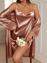 Charger l&#39;image dans la galerie, Love God. Store Women Sleepwear Brown / S Draped Collar Satin Cami Dress Belted Robe PJ Set price
