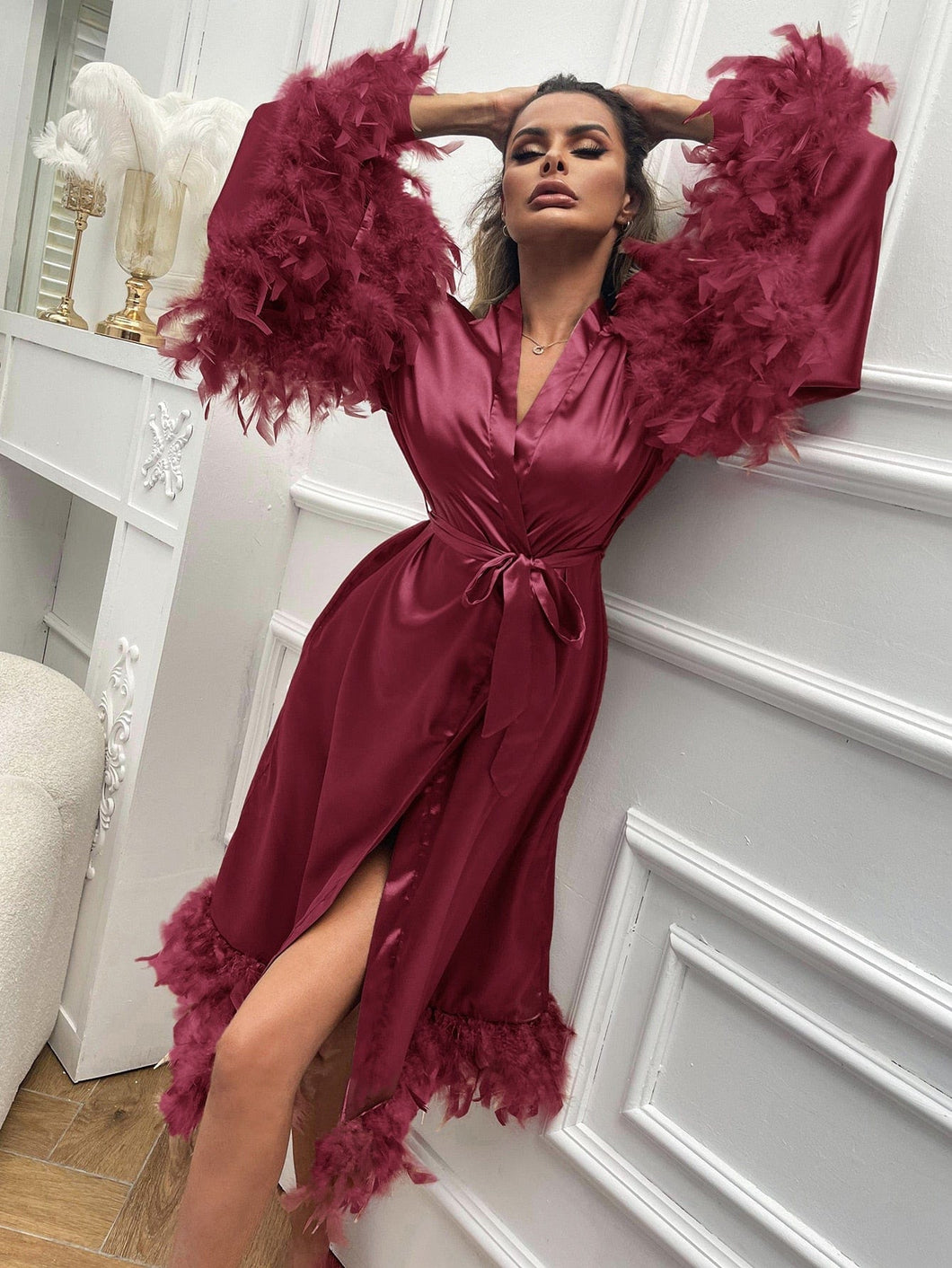 Love God. Store Women Sleepwear Burgundy / XS Fuzzy Trim Belted Satin Robe price