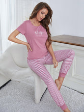 Charger l&#39;image dans la galerie, Love God. Store Women Sleepwear Eyelash Letter Graphic Tee Striped Pants PJ Set price
