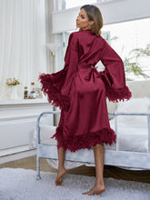 Charger l&#39;image dans la galerie, Love God. Store Women Sleepwear Fuzzy Trim Belted Satin Robe price
