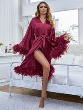 Charger l&#39;image dans la galerie, Love God. Store Women Sleepwear Fuzzy Trim Belted Satin Robe price
