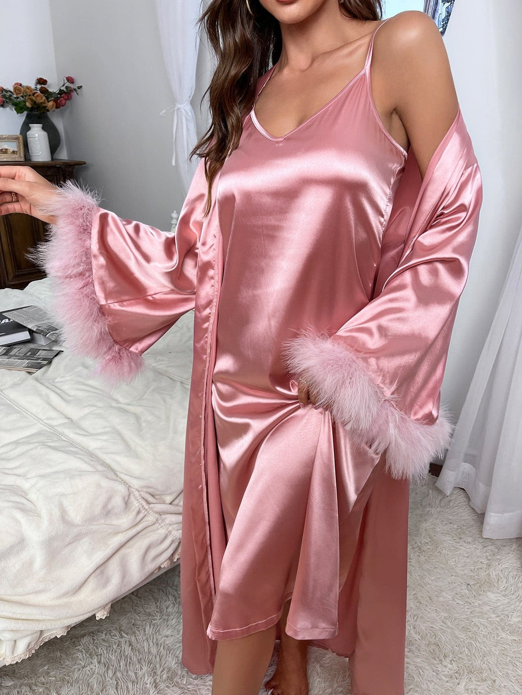 Love God. Store Women Sleepwear Solid Satin Nightdress Fuzzy Cuff Trumpet Sleeve Belted Robe price