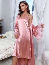 Charger l&#39;image dans la galerie, Love God. Store Women Sleepwear Solid Satin Nightdress Fuzzy Cuff Trumpet Sleeve Belted Robe price
